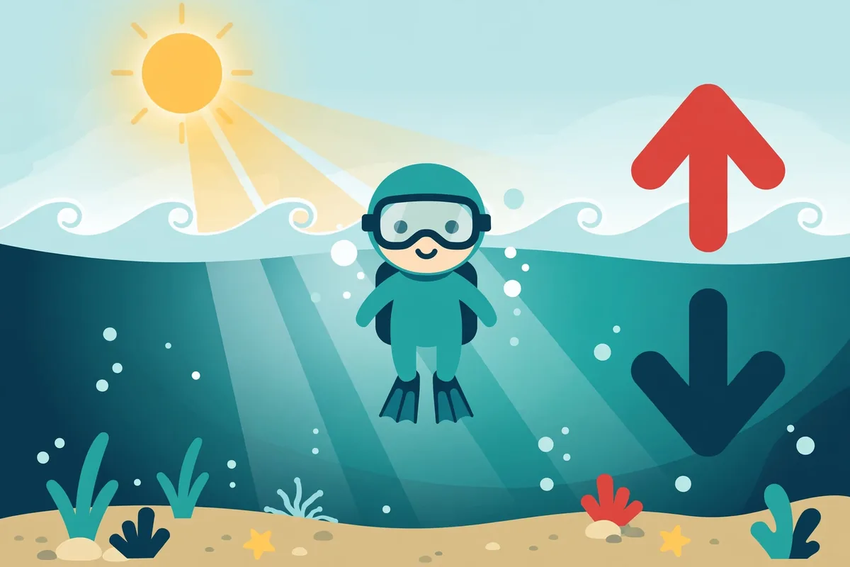 Diver floating at eye level with buoyancy arrows