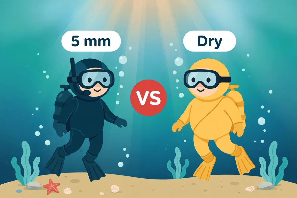 Diver in a 5 mm wetsuit next to a diver in a drysuit